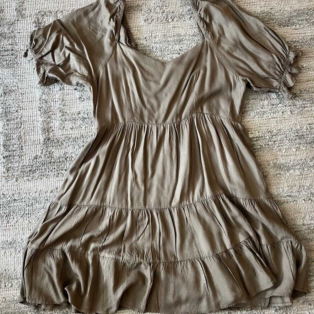 Brown Words Puff Sleeve Dress